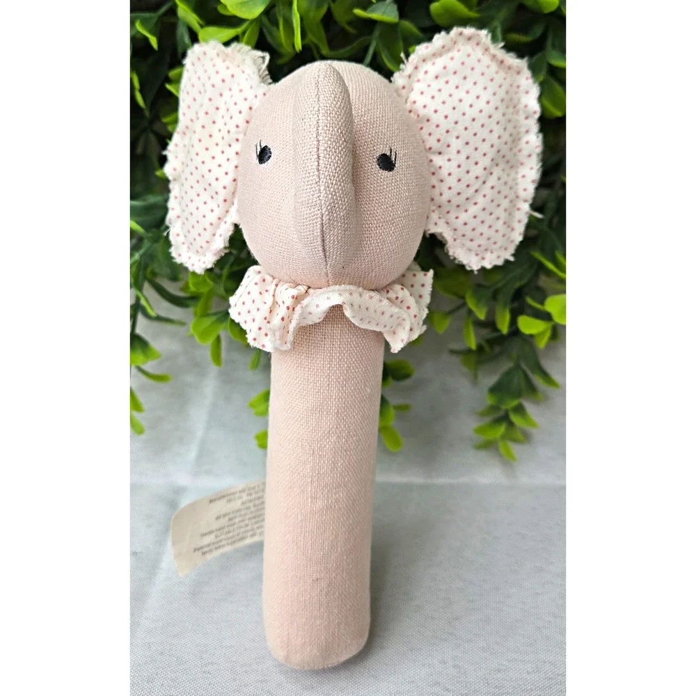 ALIMROSE Designs Elsie Elephant Baby Stick Rattle Pink Polka Dot Cotton Plush